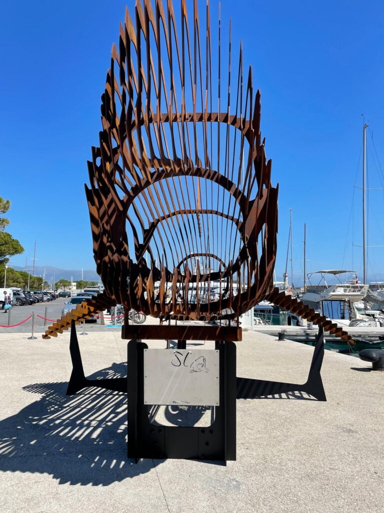 Close-up of the Megalodon monumental shark sculpture by Steve Chaudanson, handcrafted steel artwork inspired by the prehistoric predator.