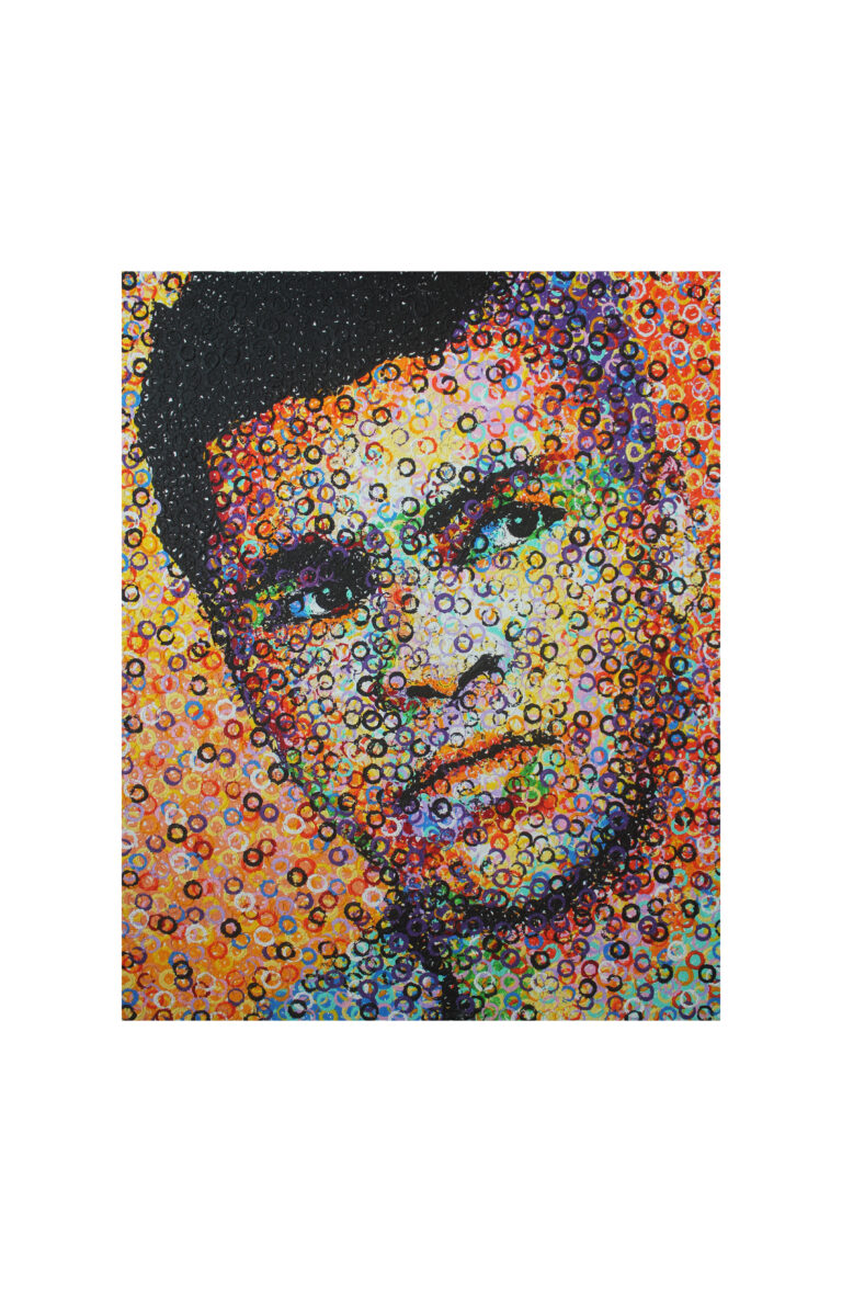 Muhammad Ali portrait by Bottle3Man, contemporary artwork created using recycled bottle caps and mixed media inspired by the legendary boxing champion.