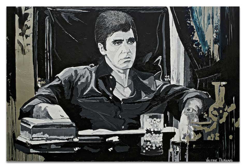 Contemporary portrait of Al Pacino as Tony Montana in Scarface, Miami created by French artist Valérie Durand.