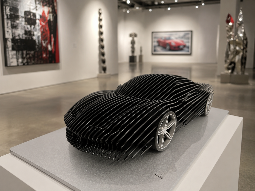 60 cm Ferrari sculpture in black chrome steel by French contemporary sculptor Steve Chaudanson.