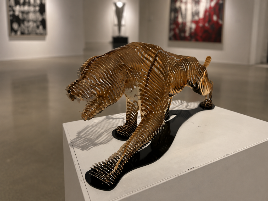 Contemporary gold panther sculpture in steel and 24-carat gold by French sculptor Steve Chaudanson.
