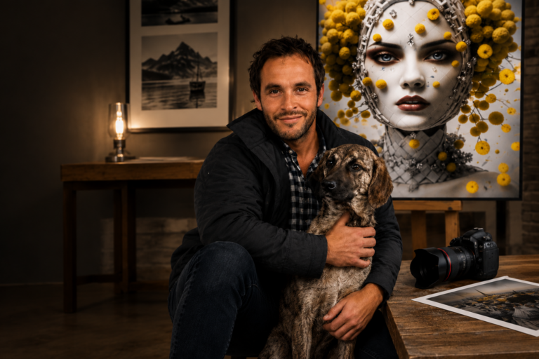 Fine art photographer Laurent Leoncini posing with his dog during a contemporary art exhibition.