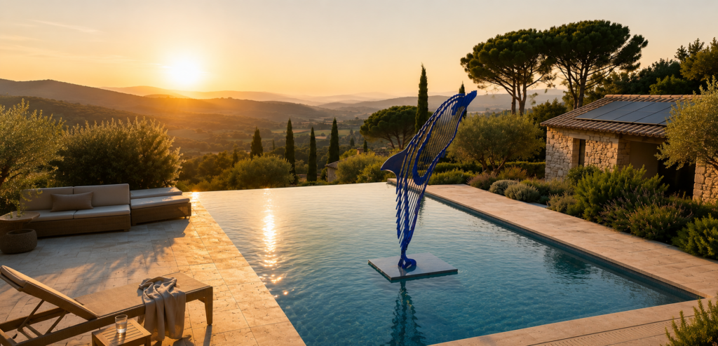 Monumental dolphin sculpture by Steve Chaudanson installed beside a luxury infinity pool in a Mediterranean villa, represented by Carton Rouge Art Agency.