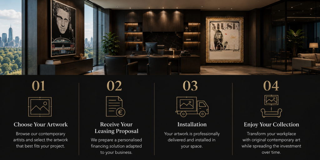 Contemporary art leasing process for businesses with premium artworks installed in a luxury corporate office by Carton Rouge.