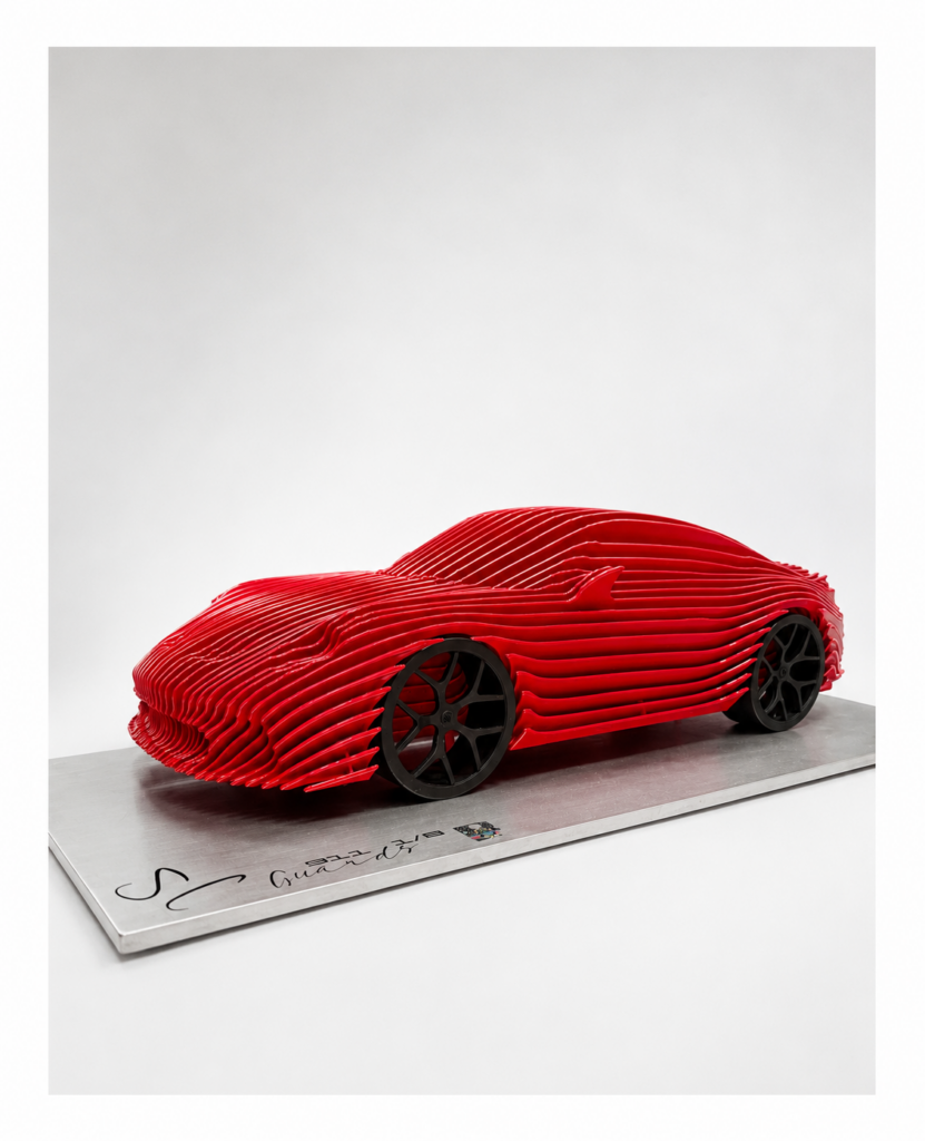 Available Artworks 911 Guards Porsche contemporary sculpture by Steve Chaudanson inspired by iconic automotive design.
