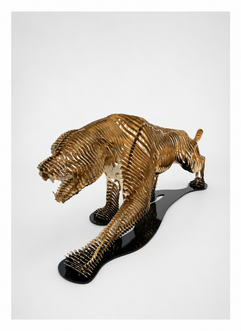 Available Artworks Gold panther contemporary sculpture by Steve Chaudanson inspired by strength, movement and luxury design.