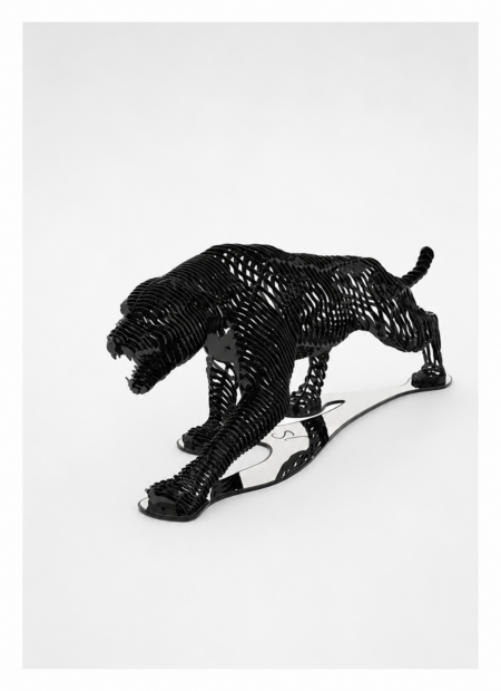 Available Artworks Black chrome panther contemporary sculpture by Steve Chaudanson inspired by strength, movement and modern luxury.