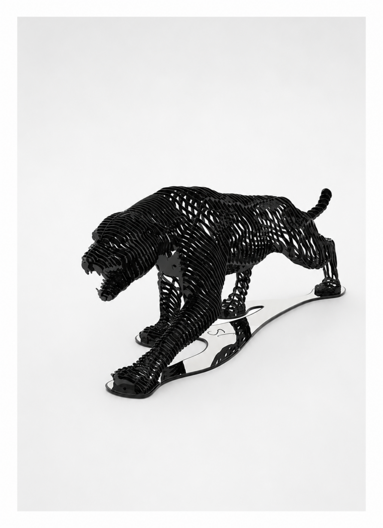 Available Artworks Black chrome panther contemporary sculpture by Steve Chaudanson inspired by strength, movement and modern luxury.