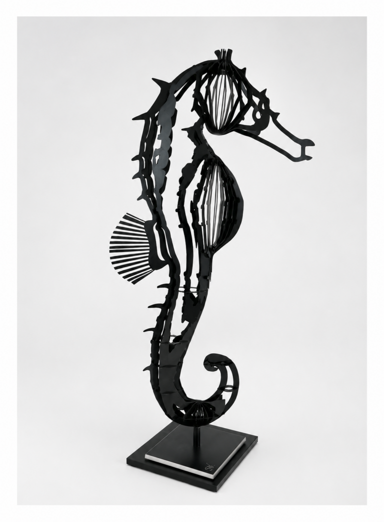 Black contemporary seahorse sculpture by Steve Chaudanson inspired by marine life and contemporary design.