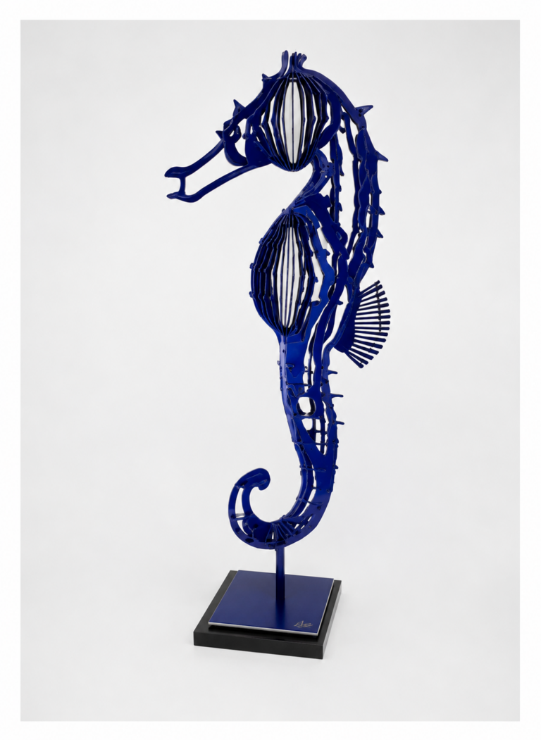Blue contemporary seahorse sculpture by Steve Chaudanson inspired by marine life, movement and modern design.