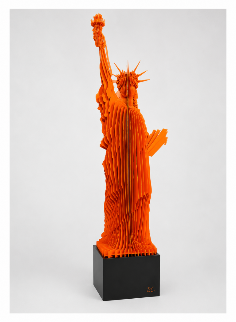 Available Artworks Orange steel Statue of Liberty contemporary sculpture by Steve Chaudanson.