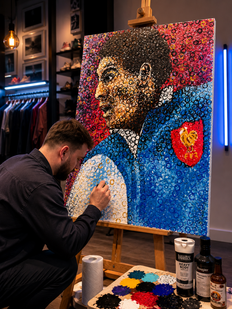 Bottl3man creating a live painting portrait of a French rugby player during a corporate VIP event.