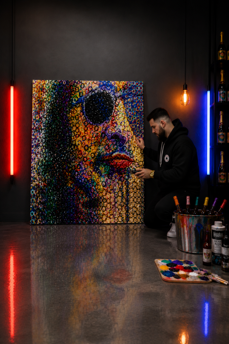 Contemporary live painting artist creating a bespoke artwork during a luxury corporate event for brands, hotels and private clients.