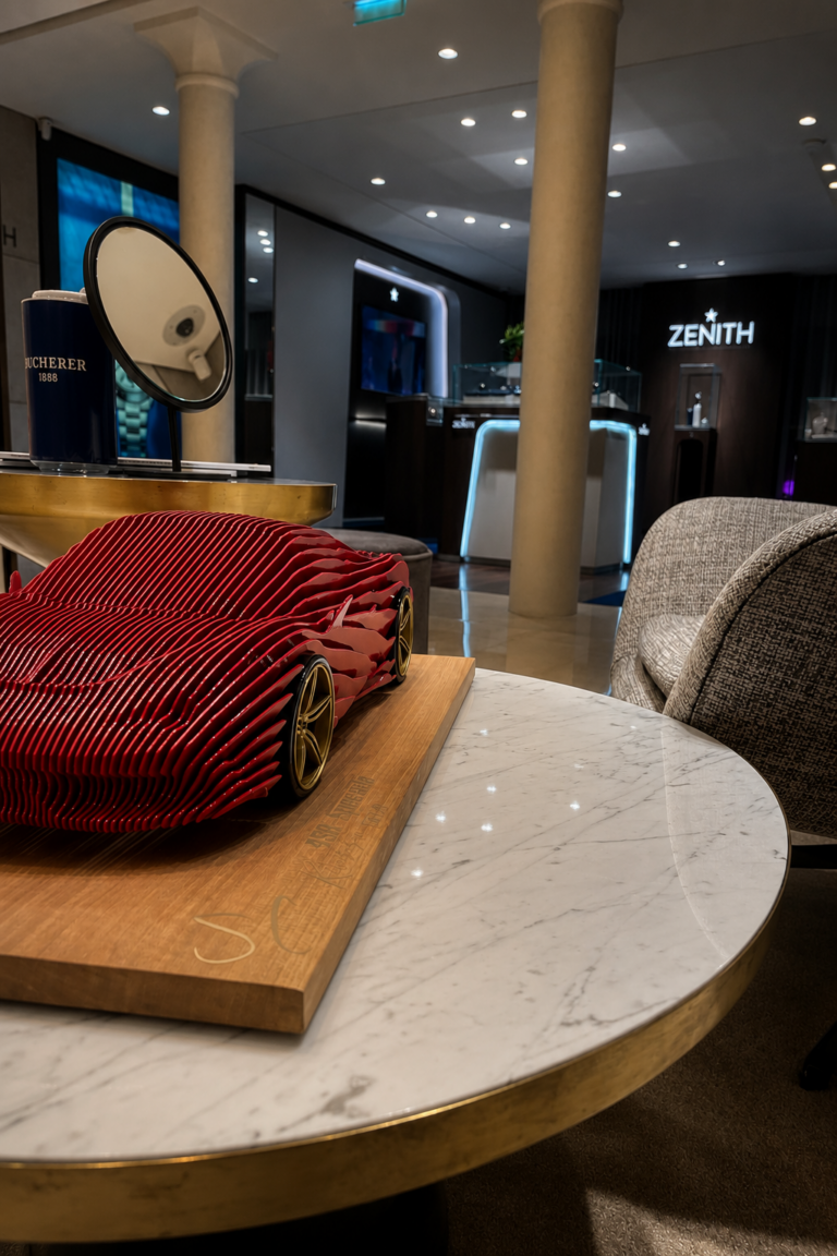 Steve Chaudanson Ferrari 488 sculpture displayed during a luxury event at Bucherer Paris in partnership with Rolex. Contemporary automotive art installation.