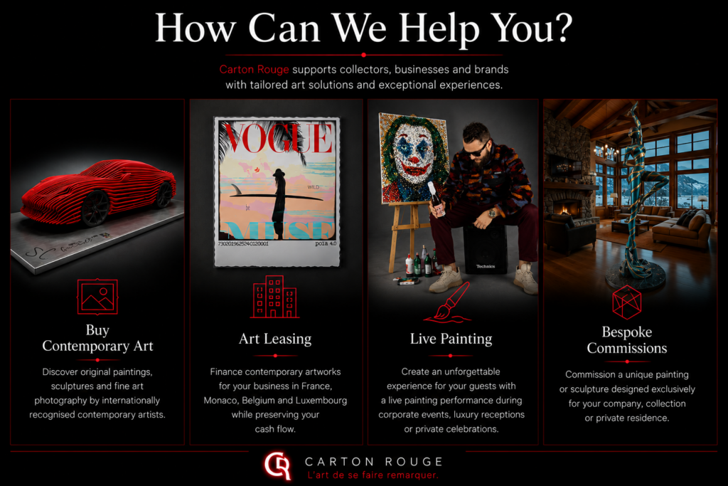 Contemporary art services including artwork sales, art leasing, live painting and bespoke commissions by Carton Rouge.