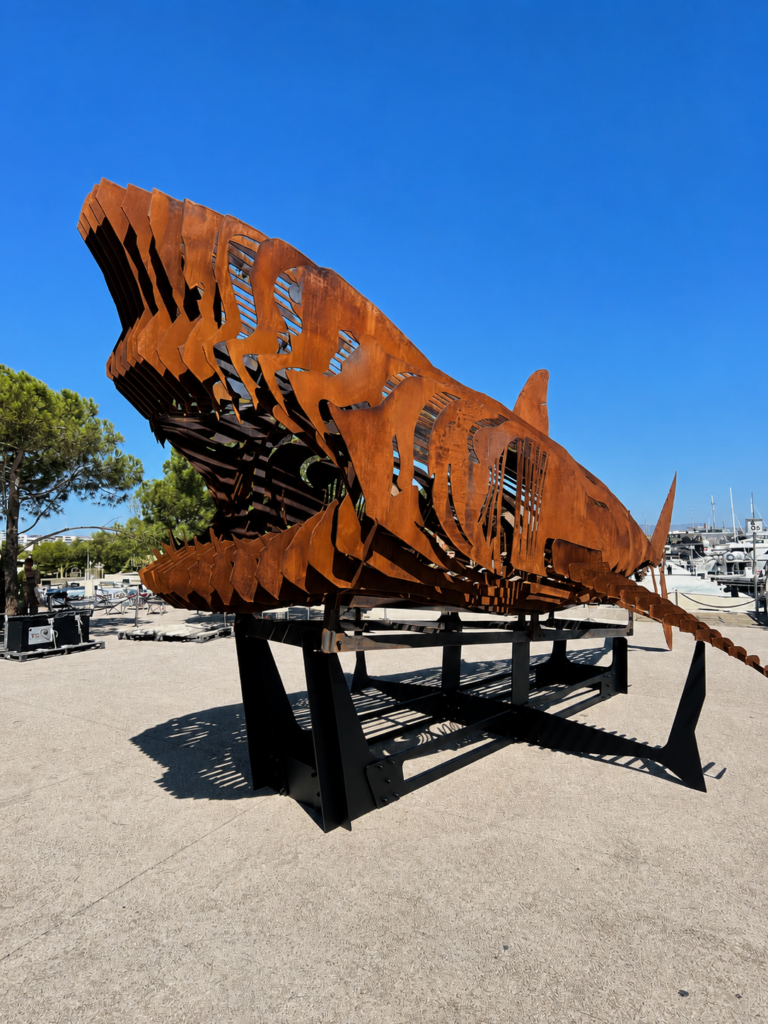 Megalodon monumental steel shark sculpture by Steve Chaudanson installed at a marina, contemporary artwork measuring 11 × 6 × 5 metres.