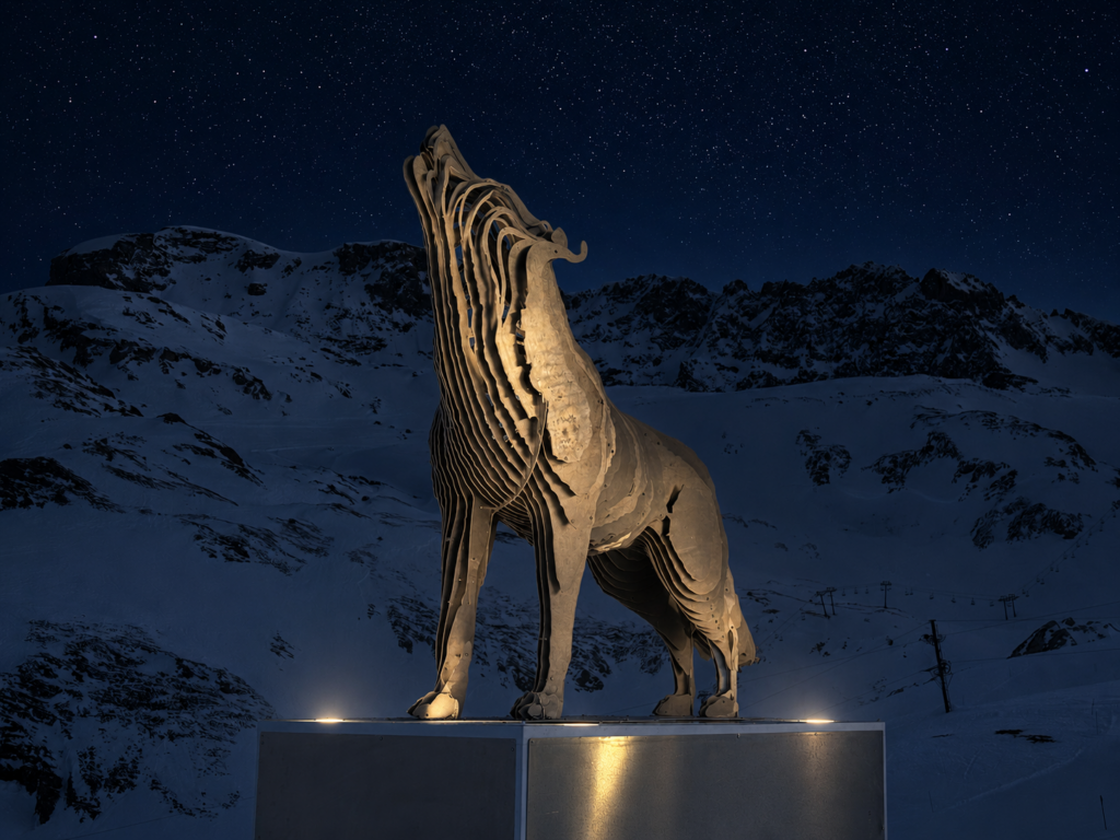 Wolf of Tignes monumental steel wolf sculpture by Steve Chaudanson overlooking the French Alps.