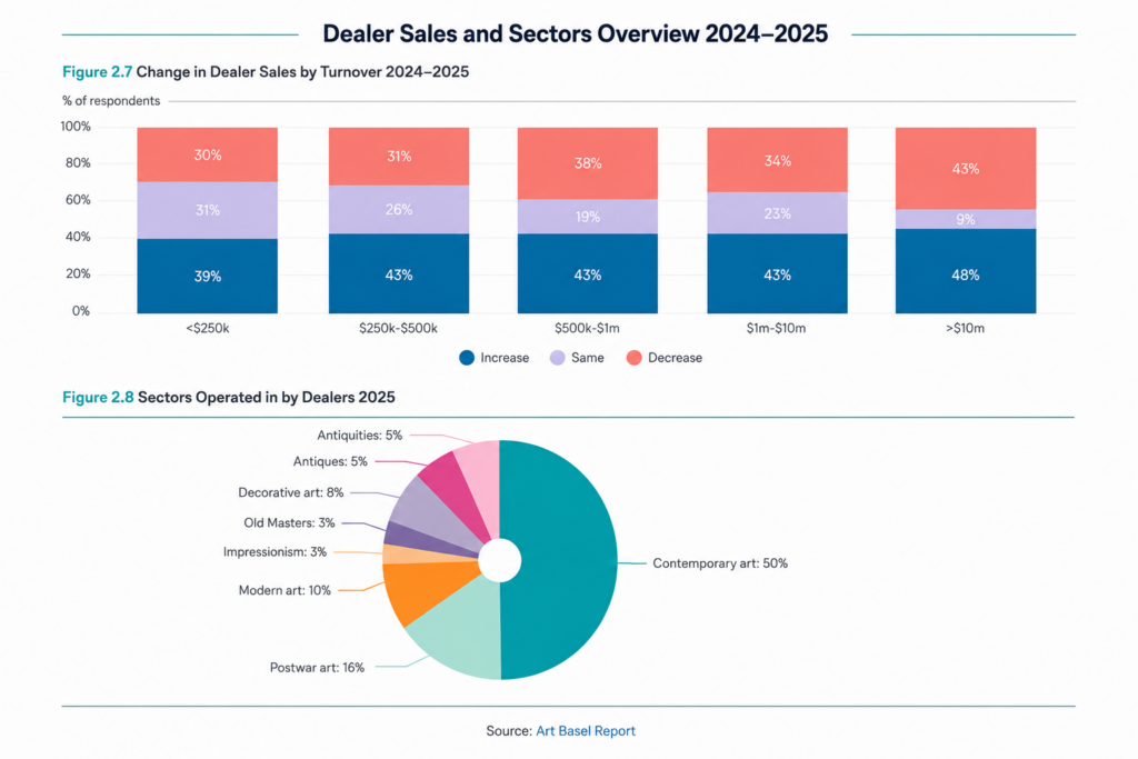 Art Basel Report 2025 infographic showing dealer sales trends by turnover and the distribution of contemporary art market sectors worldwide.