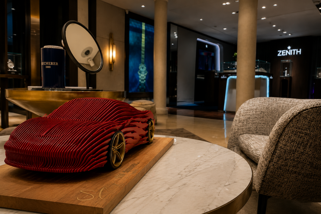 Steve Chaudanson Ferrari 458 Speciale contemporary sculpture displayed in the private Rolex and Zenith lounge at Bucherer.