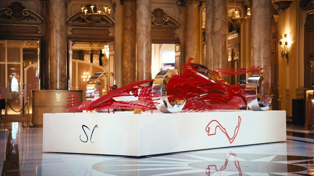F'ONE contemporary sculpture by Steve Chaudanson displayed in front of the Casino de Monte-Carlo during Monaco Grand Prix week.