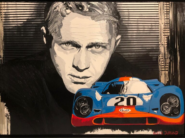 Contemporary portrait of Steve McQueen inspired by the world of endurance racing, created by French artist Valérie Durand.