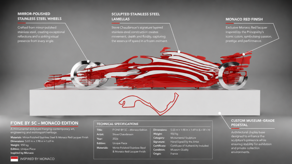 Technical specifications of F'ONE Monaco Edition by Steve Chaudanson, a monumental stainless steel sculpture inspired by Formula 1 engineering and exhibited in Monaco.