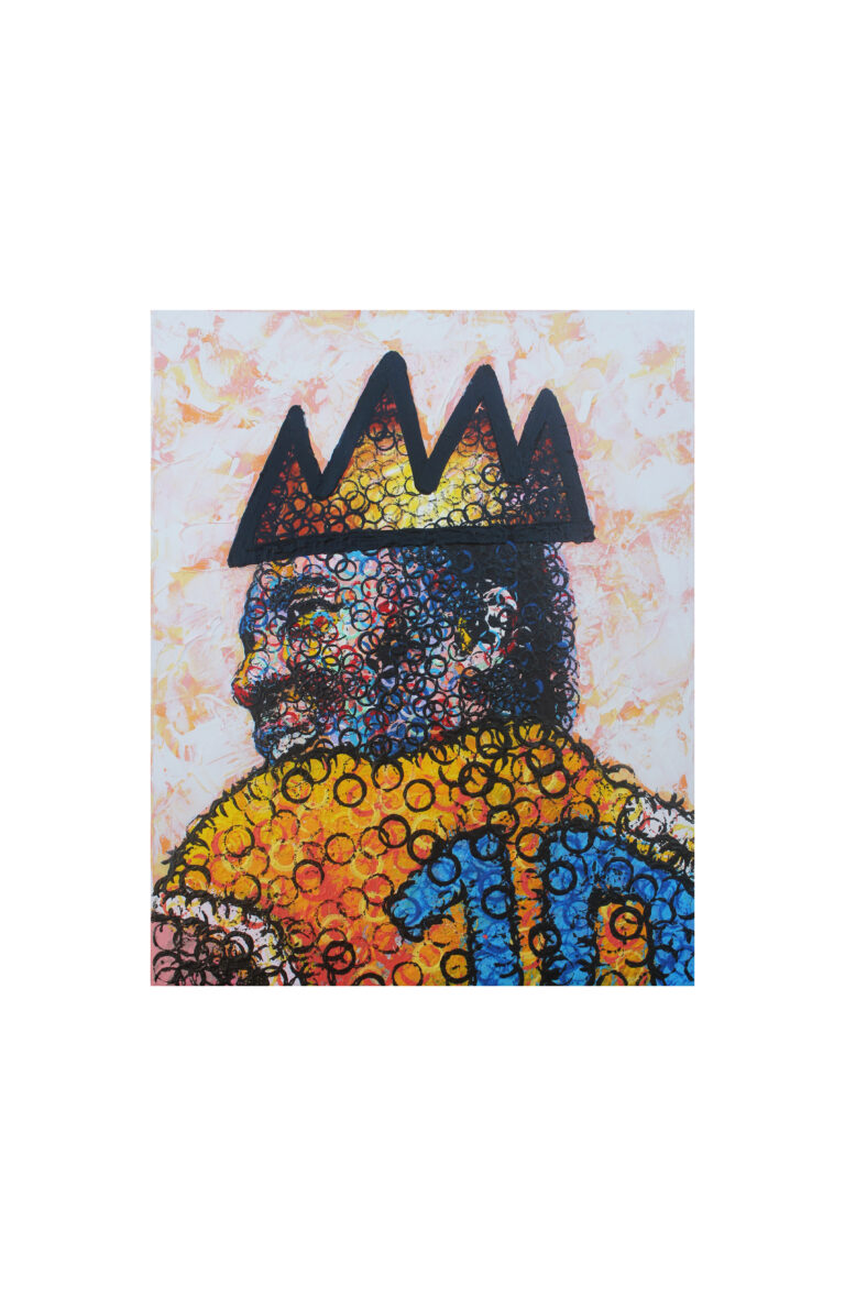 Contemporary portrait of football legend Pelé created by Bottle3Man using recycled bottle caps and mixed media pop art techniques.