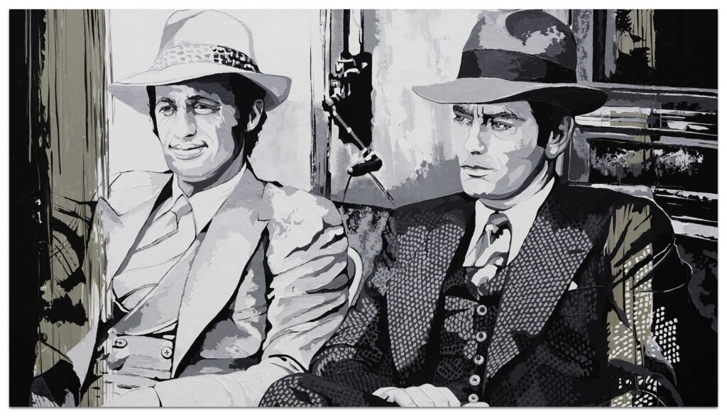 Valérie Durand presenting her contemporary portraits of French cinema legends Alain Delon and Jean-Paul Belmondo.