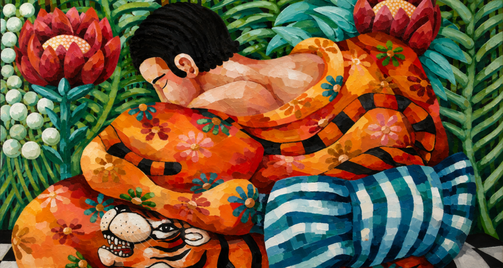 Julie Buffet contemporary figurative painting featuring a woman in an orange kimono with a tiger, exploring femininity, nature and animal symbolism.