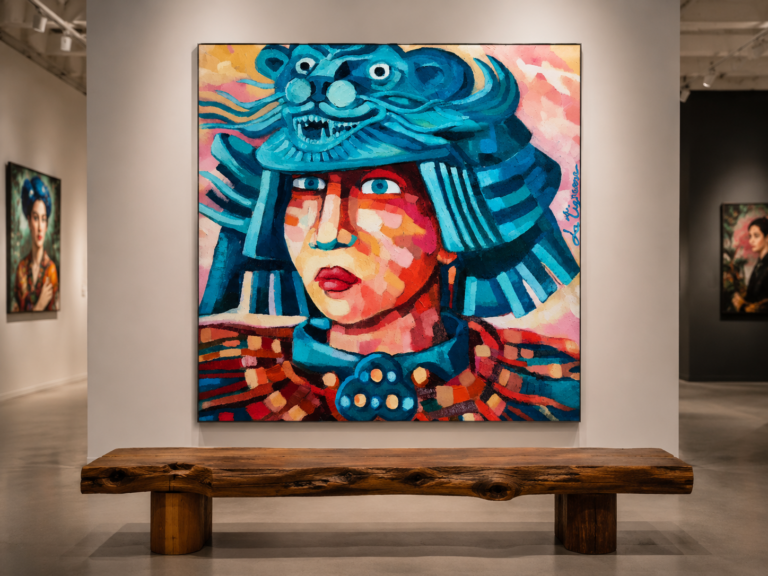Julie Buffet contemporary figurative painting depicting a male samurai warrior wearing a blue animal-inspired helmet, combining Japanese influences and vibrant colour.