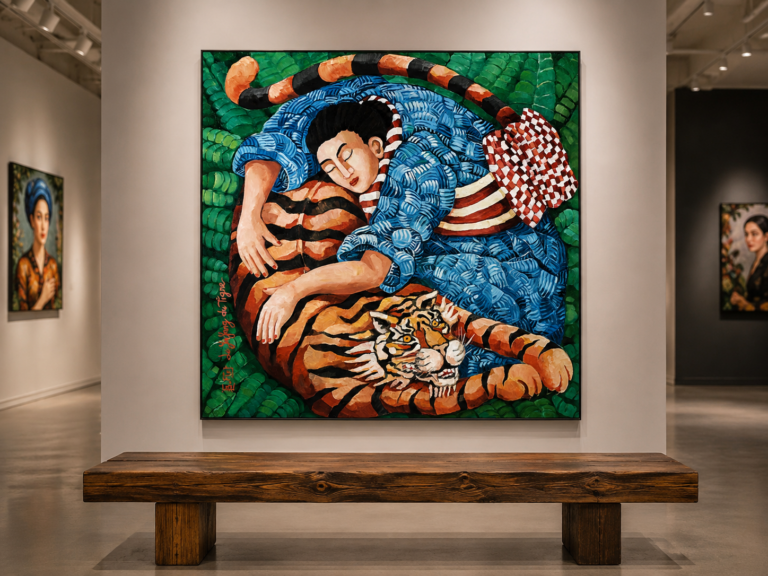 Julie Buffet contemporary figurative painting depicting a male warrior wearing a striking blue tiger-inspired helmet, combining strength, symbolism and vibrant colour.