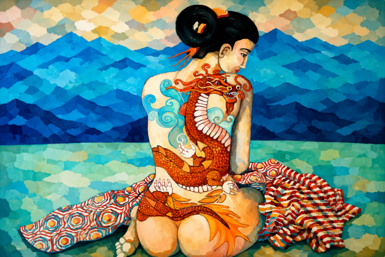 Julie Buffet contemporary figurative painting depicting a woman with a symbolic dragon against a blue mountain landscape.