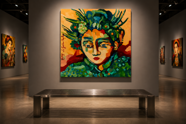 Geisha-inspired portrait by French contemporary artist Julie Buffet displayed in a modern art gallery